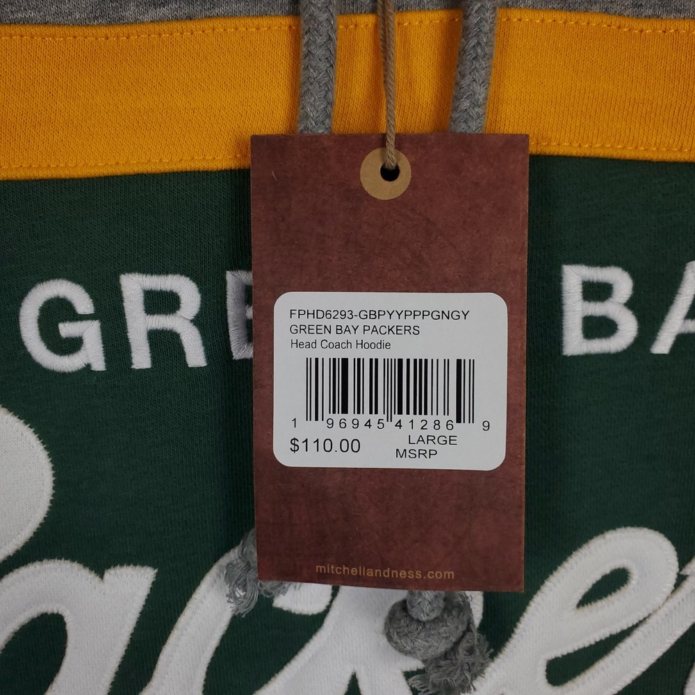 Green Bay Packers Mitchell & Ness Large Hoodie Script Logo Green Gray Yellow NWT - Picture 7 of 8